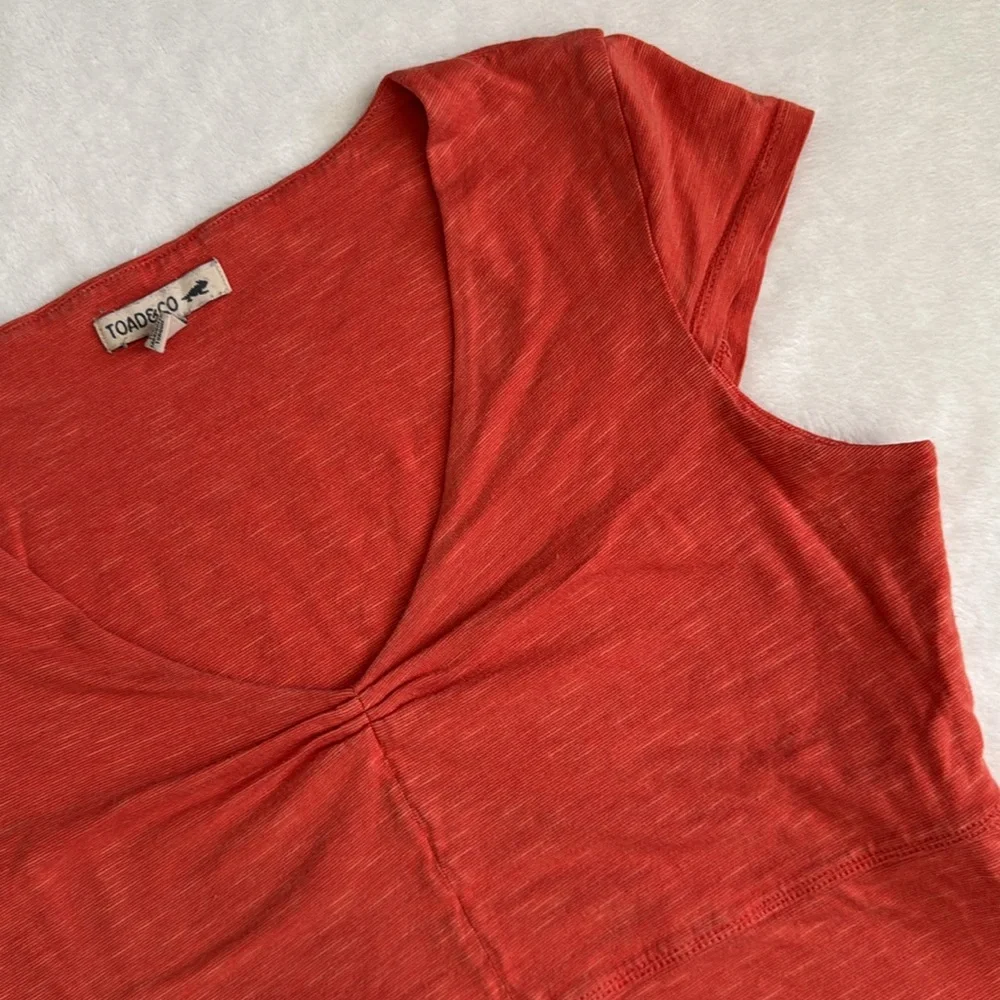 Toad & Co | Rosemarie V-Neck A-Line Cap Sleeve Dress Pocket Orange Stripe (S) - Picture 5 of 15